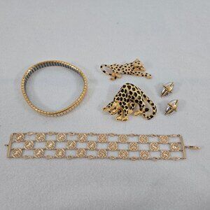 Park Lane Cheetah Brooch, Leopard Brooch, 2 Gold Tone Bracelets Earrings 5pc Set